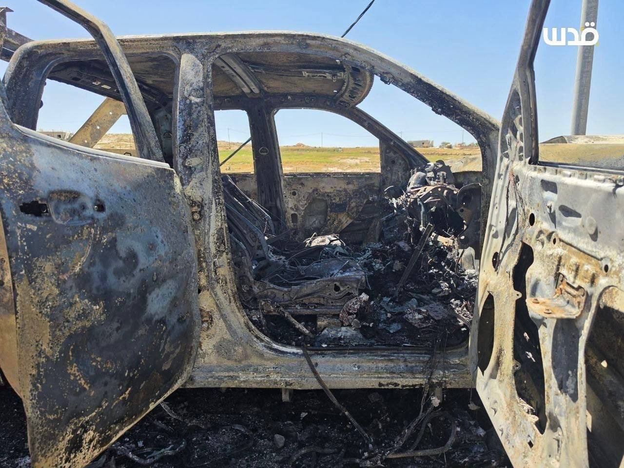 Thumbnail preview image for the video titled: Settler set fire to a Palestinian vehicle and bulldozer in Wadi al-Rakhim, Masafer Yatta