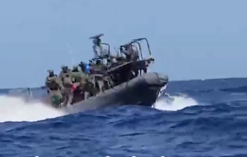 Thumbnail preview image for the video titled: Military vessels intercepting Global Sumud Flotilla and boarding the first of the boats in broad daylight