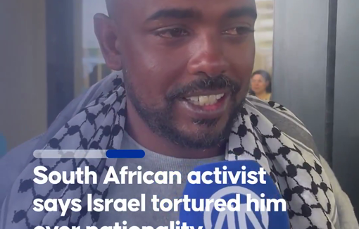 Thumbnail preview image for the video titled: Ebrahim Peters, a South African activist from a Gaza-bound aid flotilla, says Israeli forces tortured him because of his nationality, linking the abuse to South Africa’s ICJ case against Israel