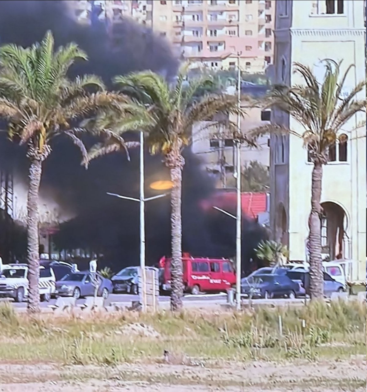 Thumbnail preview image for the video titled: Black smoke in vicinity of the Lebanese Red Cross building in Tyre