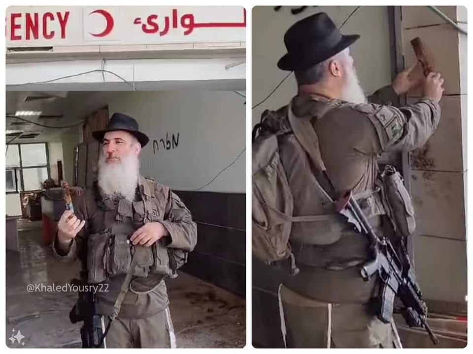 Thumbnail preview image for the video titled: Armed Rabbi affixes a Mezuzah inside Gaza's only cancer hospital as the IDF used it as a base