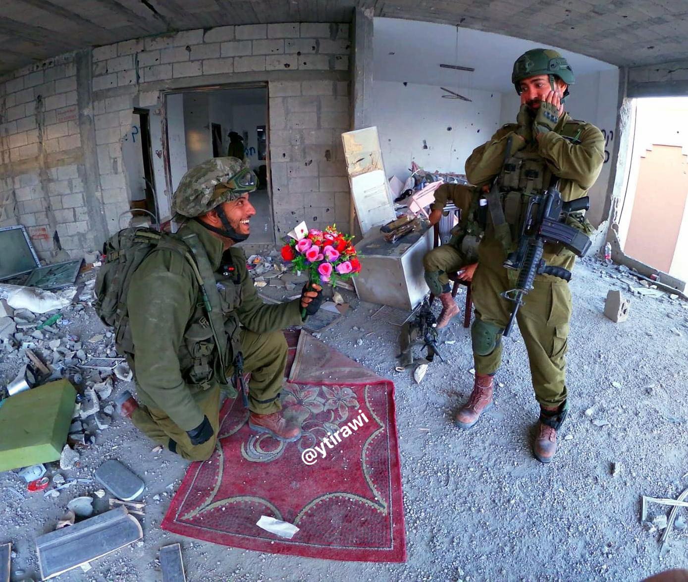 Thumbnail preview image for the video titled: Israeli soldier joking around with Palestinian belongings as part of a wedding skit