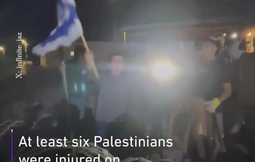 Thumbnail preview image for the video titled: At least six Palestinians were injured on Sunday night while Israeli settlers, backed by soldiers, attacked the village of Umm al-Khair