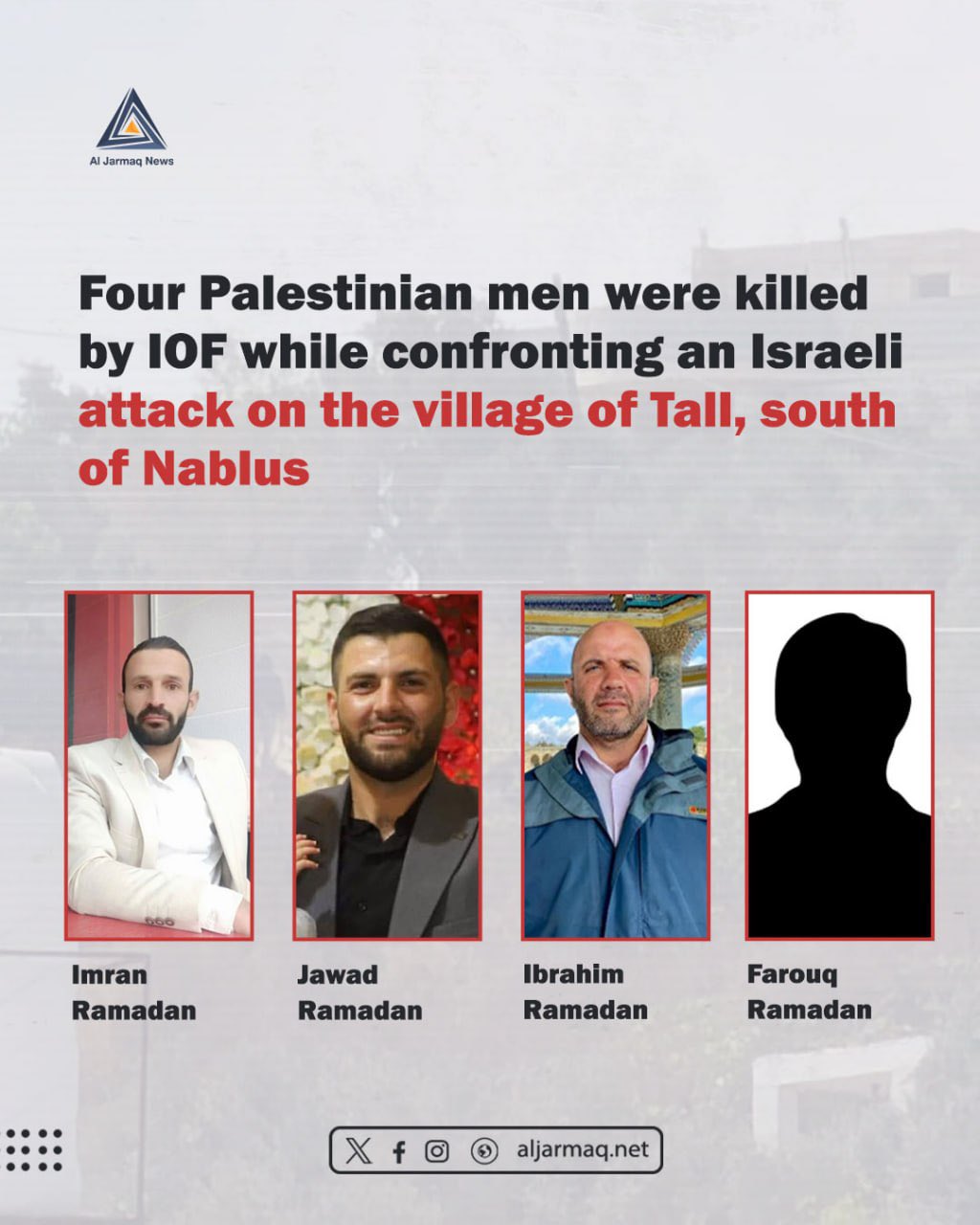 Thumbnail preview image for the video titled: Four Palestinians from Ramadan family executed by Israeli gunfire while confronting Israeli settlers’ attack on the village of Tell