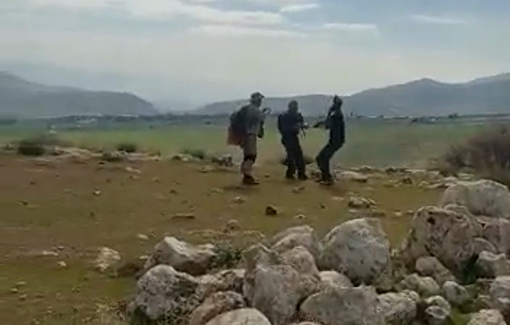 Thumbnail preview image for the video titled: Moshe Sharvit, violent settler harasses, drives away and attacks the local Palestinian shepherds near Hamra