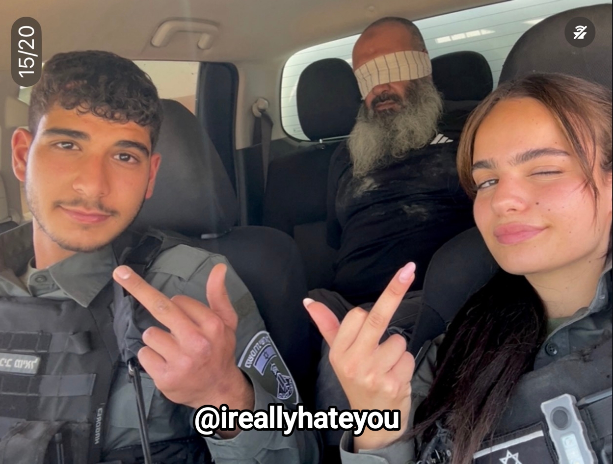 Thumbnail preview image for the video titled: IDF soldiers, female and male, taking selfies with an elderly Palestinian hostages to post on social media