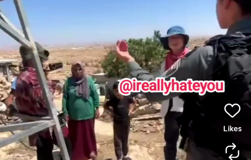 Thumbnail preview image for the video titled: Israeli Border Police Meitar Dahan's end of service montage of war crimes she took part in, including a clip of a Palestinian hostage forced to beat his head against the wall