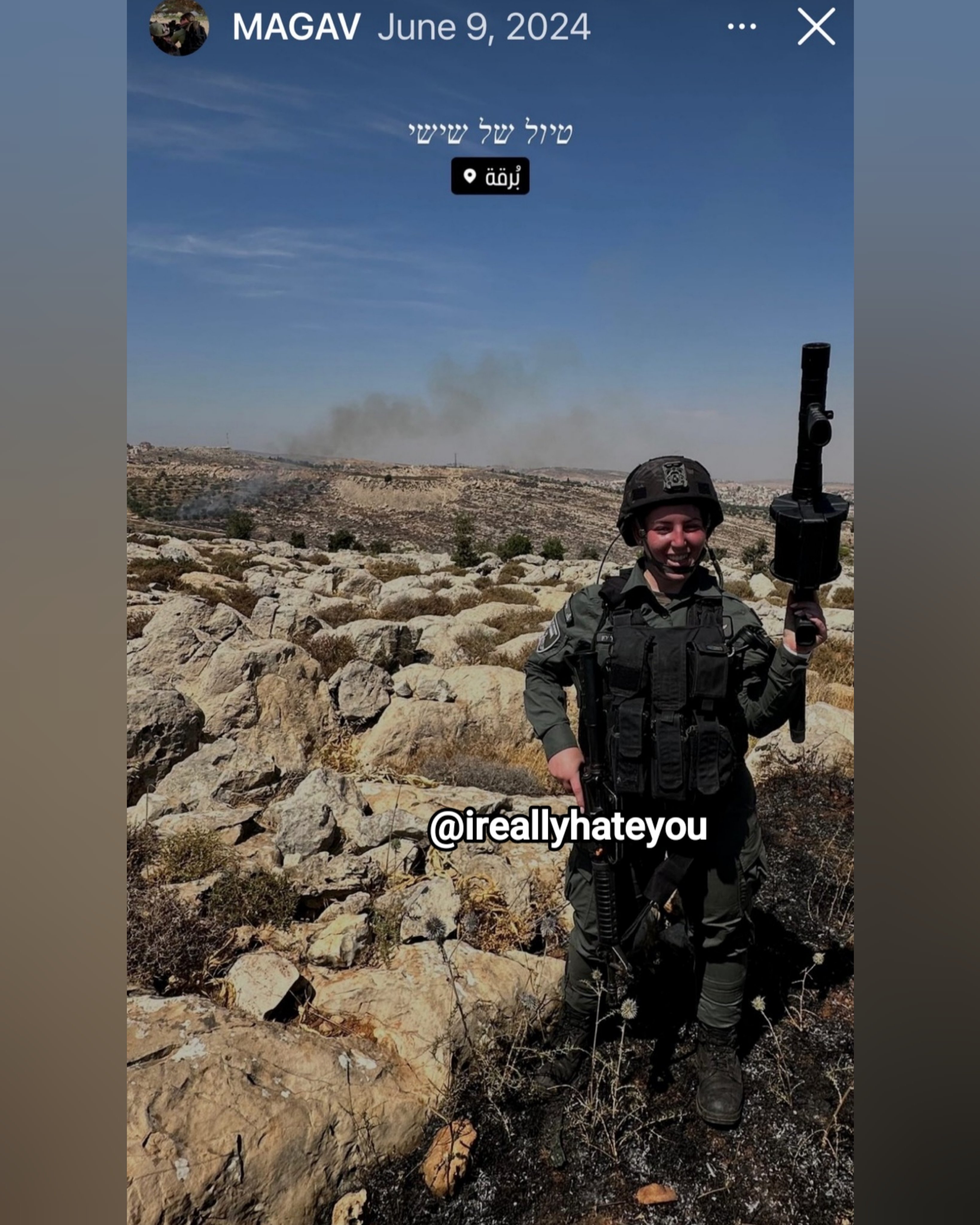 Thumbnail preview image for the video titled: "A Friday hike"That's the caption used by this smiling female MAGAV (Border Police) soldier holding a grenade launcher in the Palestinian village of Burqa