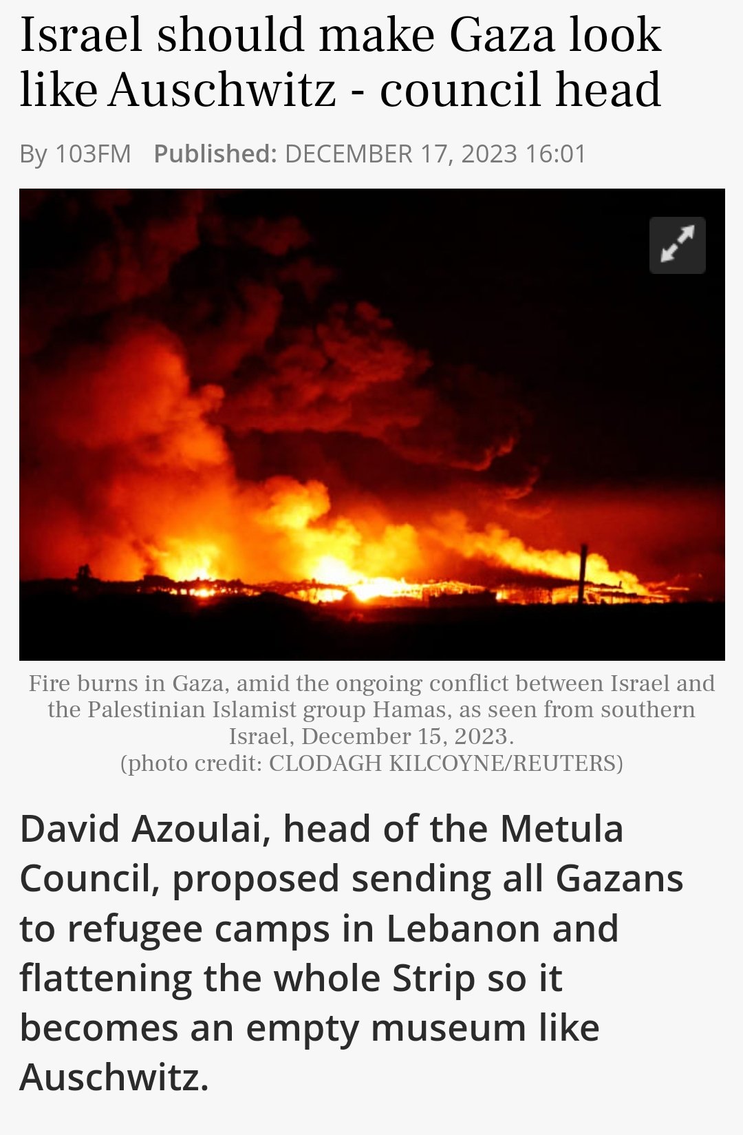 Thumbnail preview image for the video titled: David Azulay, Metula council head: "Israel should make Gaza look like Auschwitz"