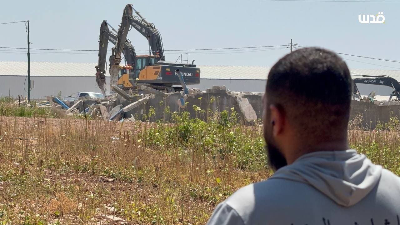 Thumbnail preview image for the video titled: Israeli forces demolished Palestinian businesses in Aba Al-Sharquiya to clear the way for the return of settler families to Ganim settlement