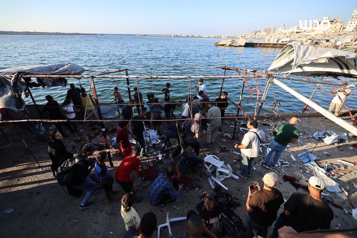 Thumbnail preview image for the video titled: Scene of Israel's massacre at busy Gaza Port cafe