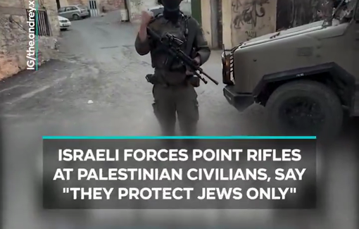 Thumbnail preview image for the video titled: Israeli forces in Burqa pointed rifles at Palestinian civilians, saying they “protect Jews only.”