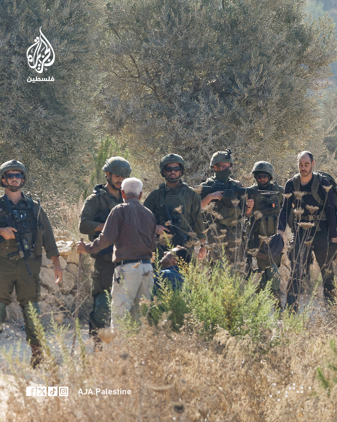 Thumbnail preview image for the video titled: Israeli soldiers helping settler attacks on farmers in the town of Beita, during the olive harvest