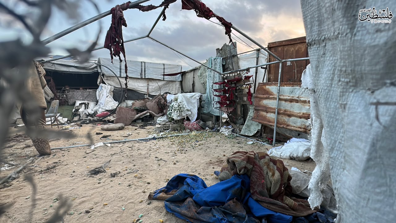 Thumbnail preview image for the video titled: Aftermath of deadly Israeli strike on tent in Khan Younis that killed 3 young men